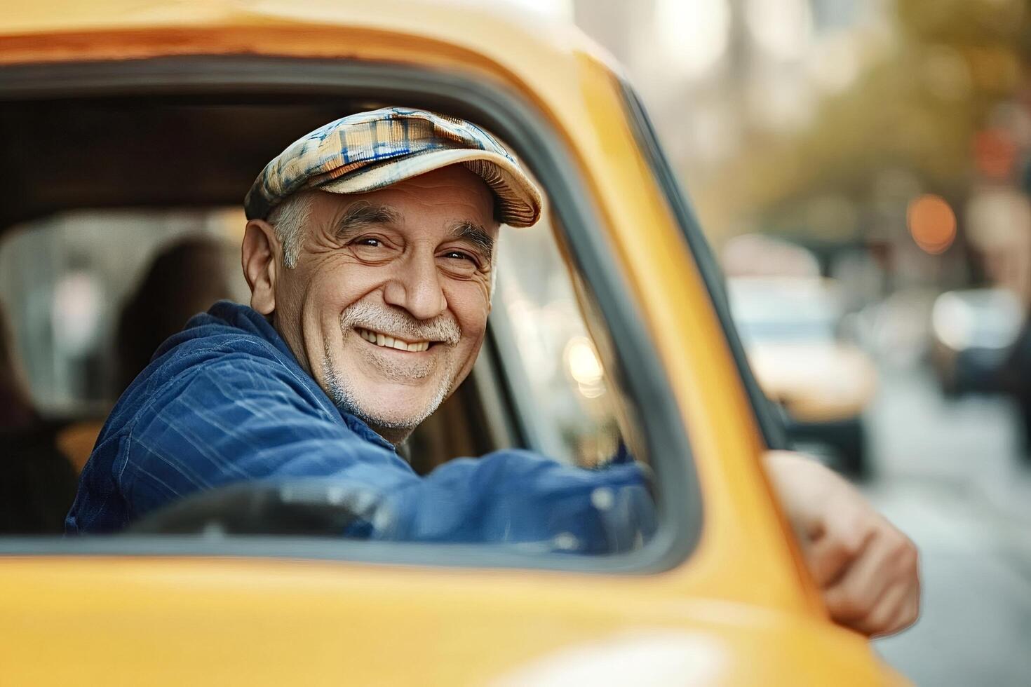 Senior taxi driver smiling in new york city yellow cab photo