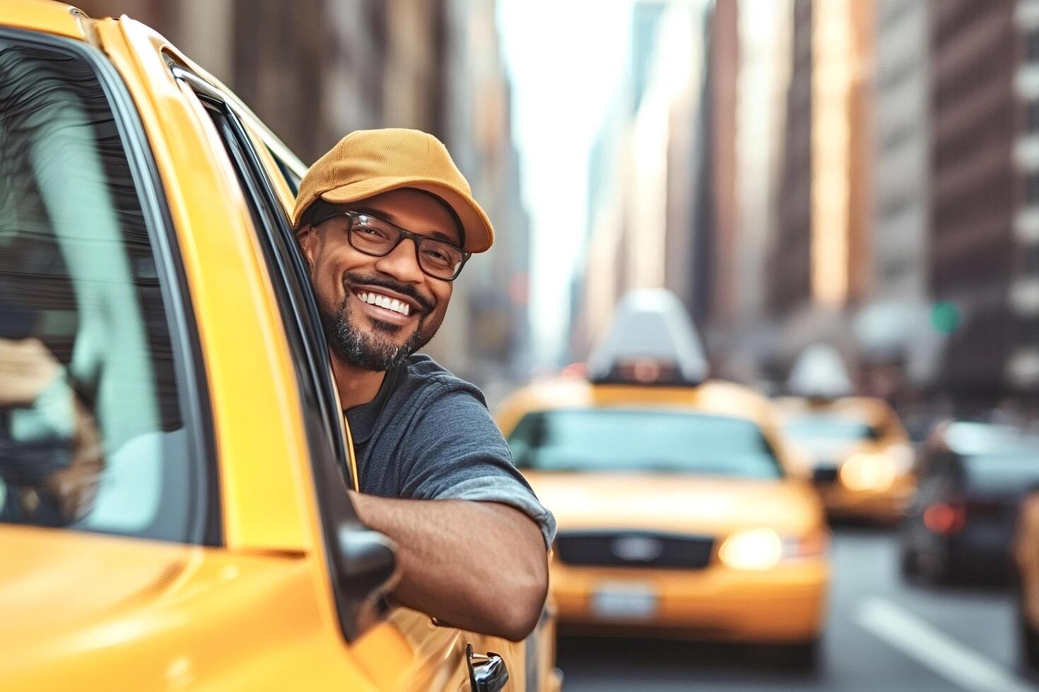Friendly taxi driver smiling in new york city traffic photo