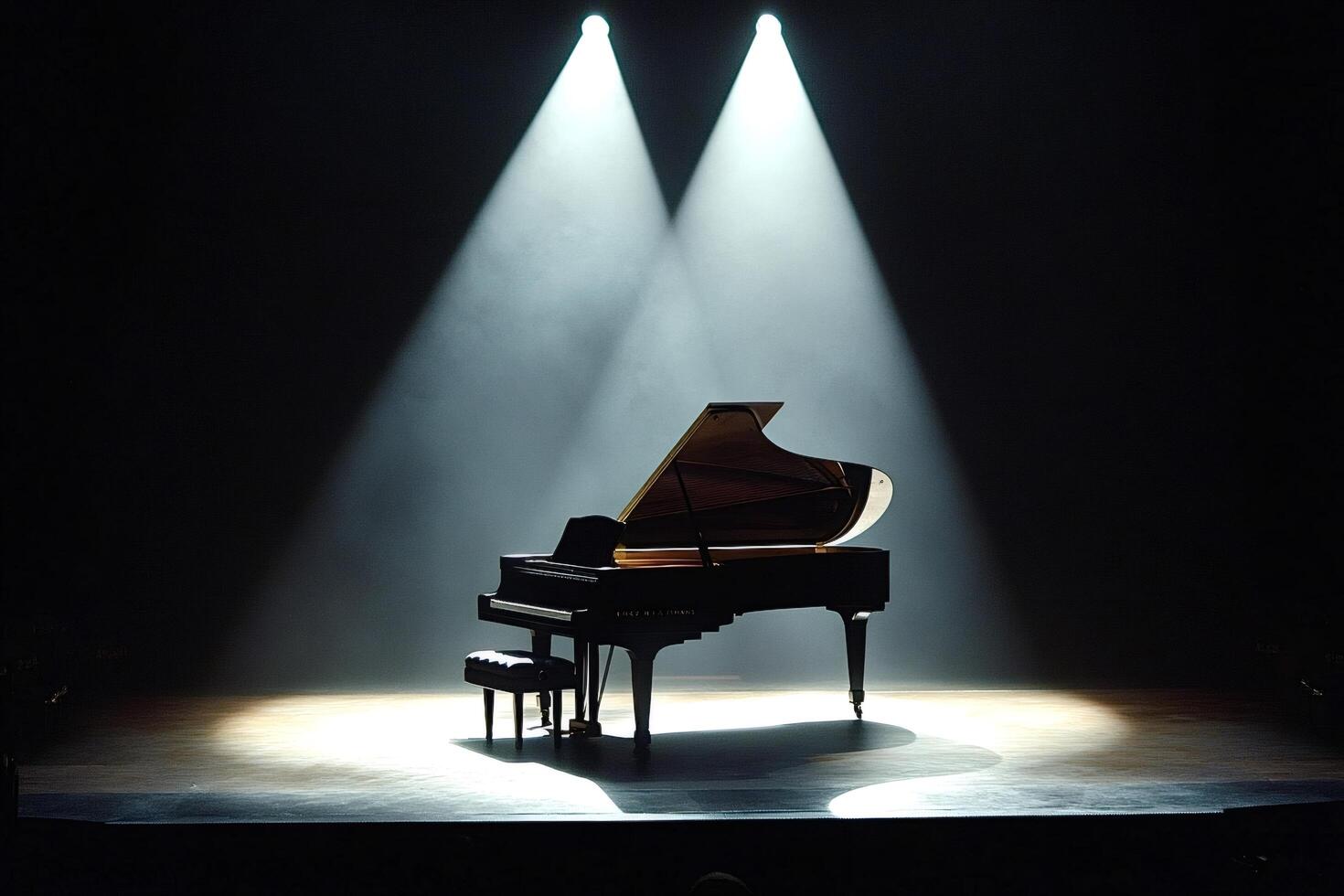 Grand piano illuminating empty stage awaiting performance photo