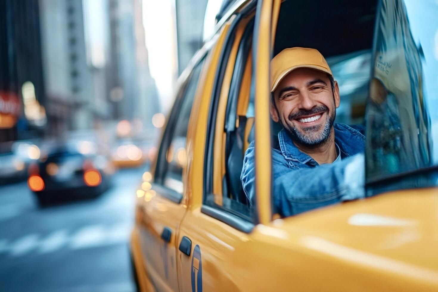 Happy taxi driver smiling in new york city yellow cab photo