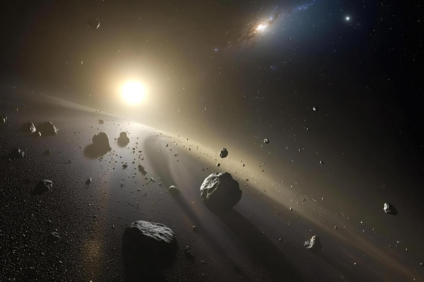 Asteroid ring orbiting a star in deep space with galaxy photo