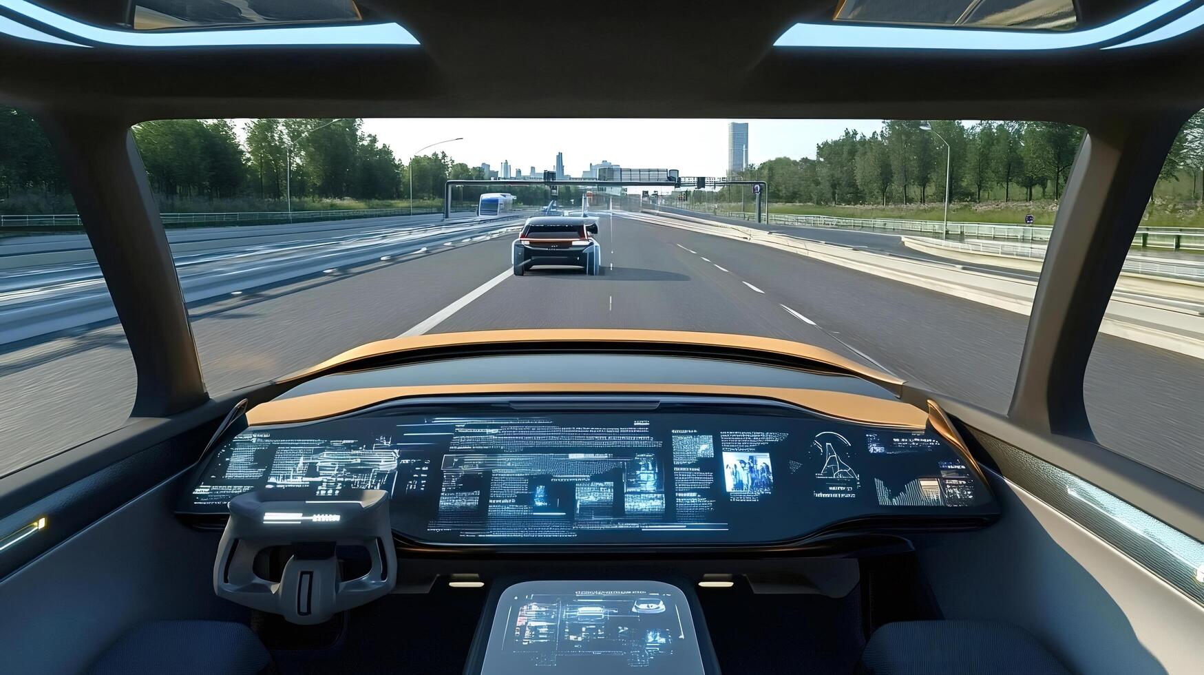 Futuristic self-driving car navigat a highway with advanced dashboard technology photo