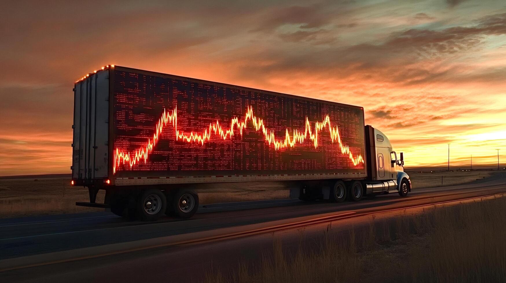 Truck showing declining stock market graph on its side at sunset photo