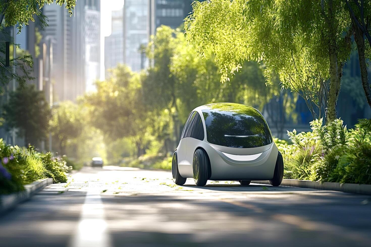 Autonomous electric car driving on a green city street photo