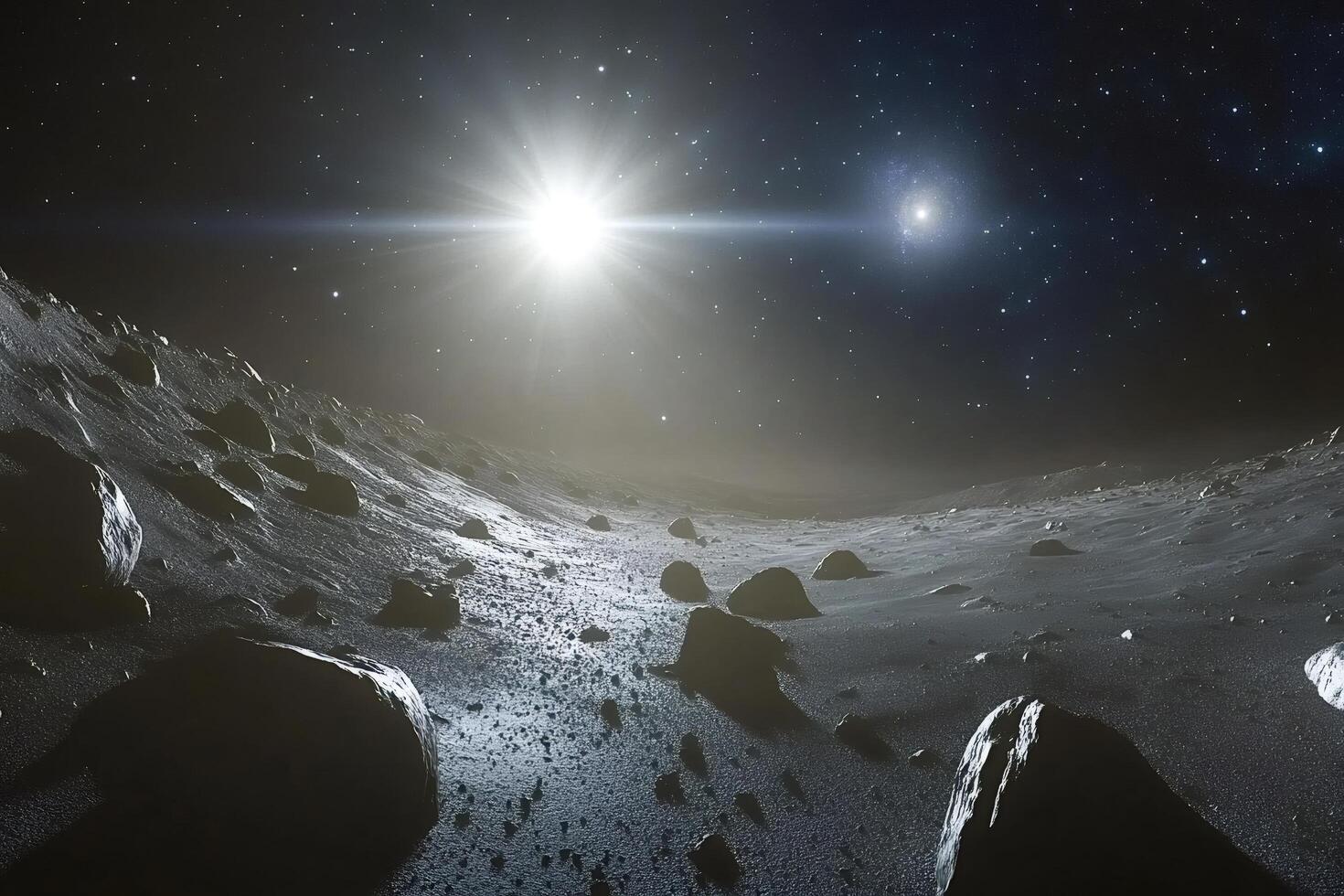 Bright sunlight illuminating rocky surface of distant planet in space photo