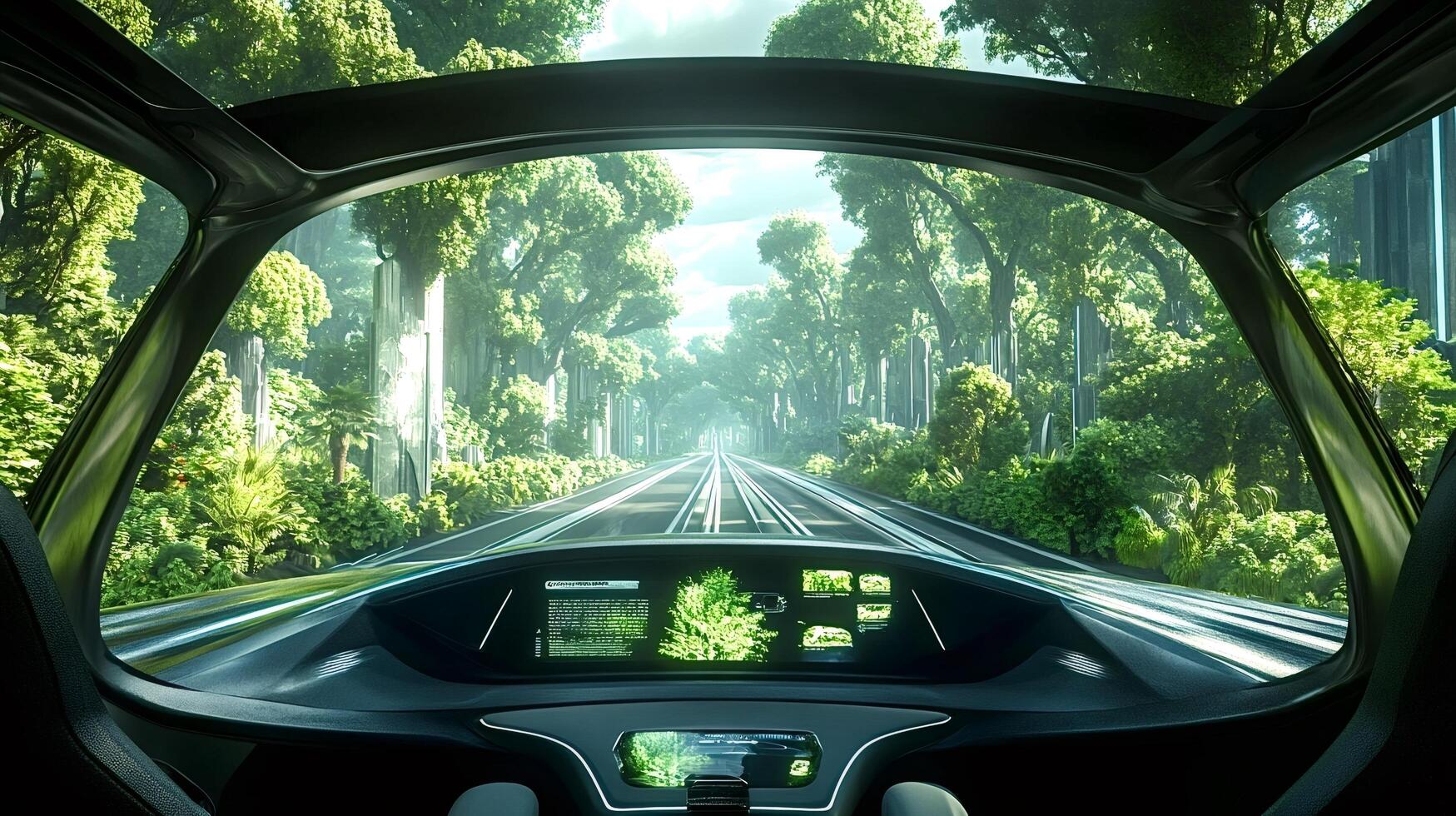 Futuristic self-driving vehicle navigating through lush green forest road photo