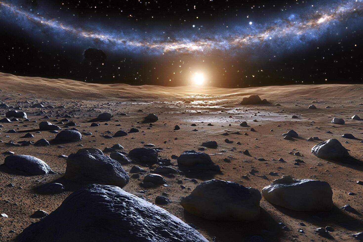 Sun rising over rocky alien planet surface with milky way galaxy in the back photo