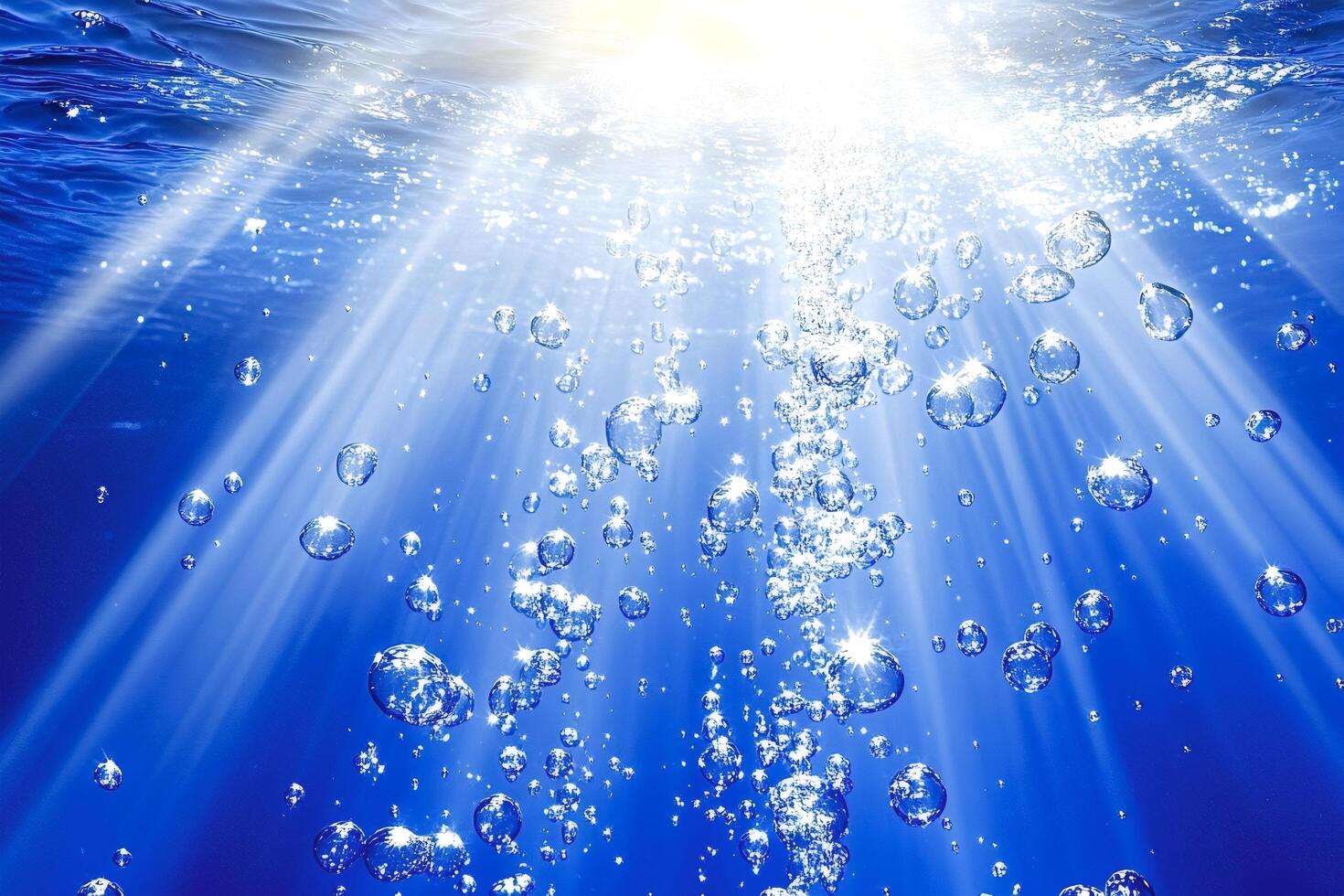 Underwater sunlight creating air bubbles rising to surface photo
