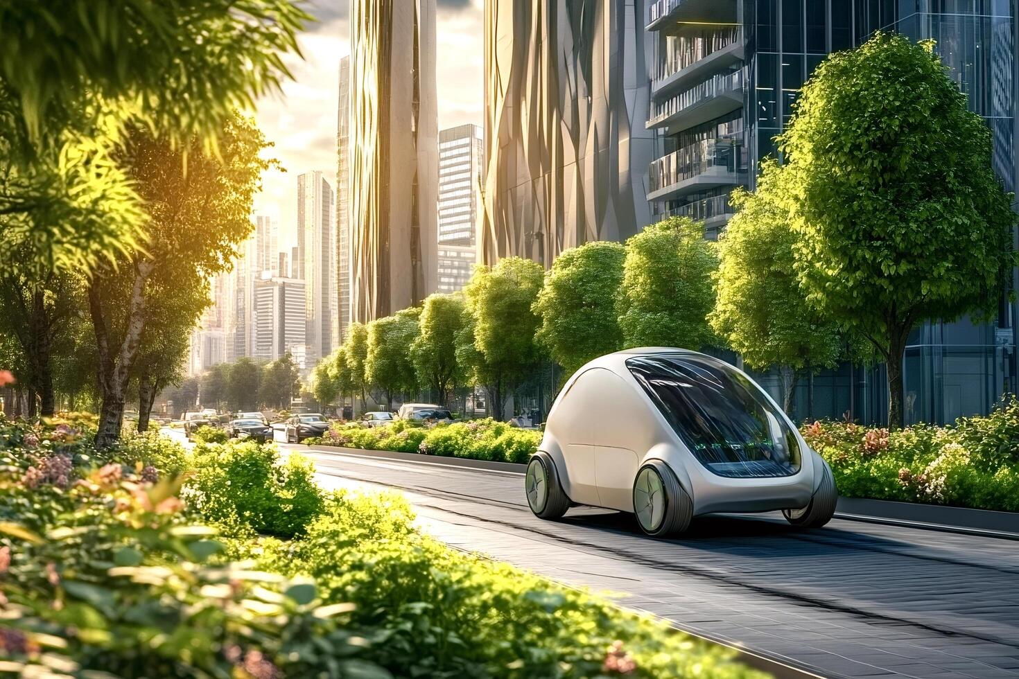 Autonomous electric car driving on smart city street with green trees photo