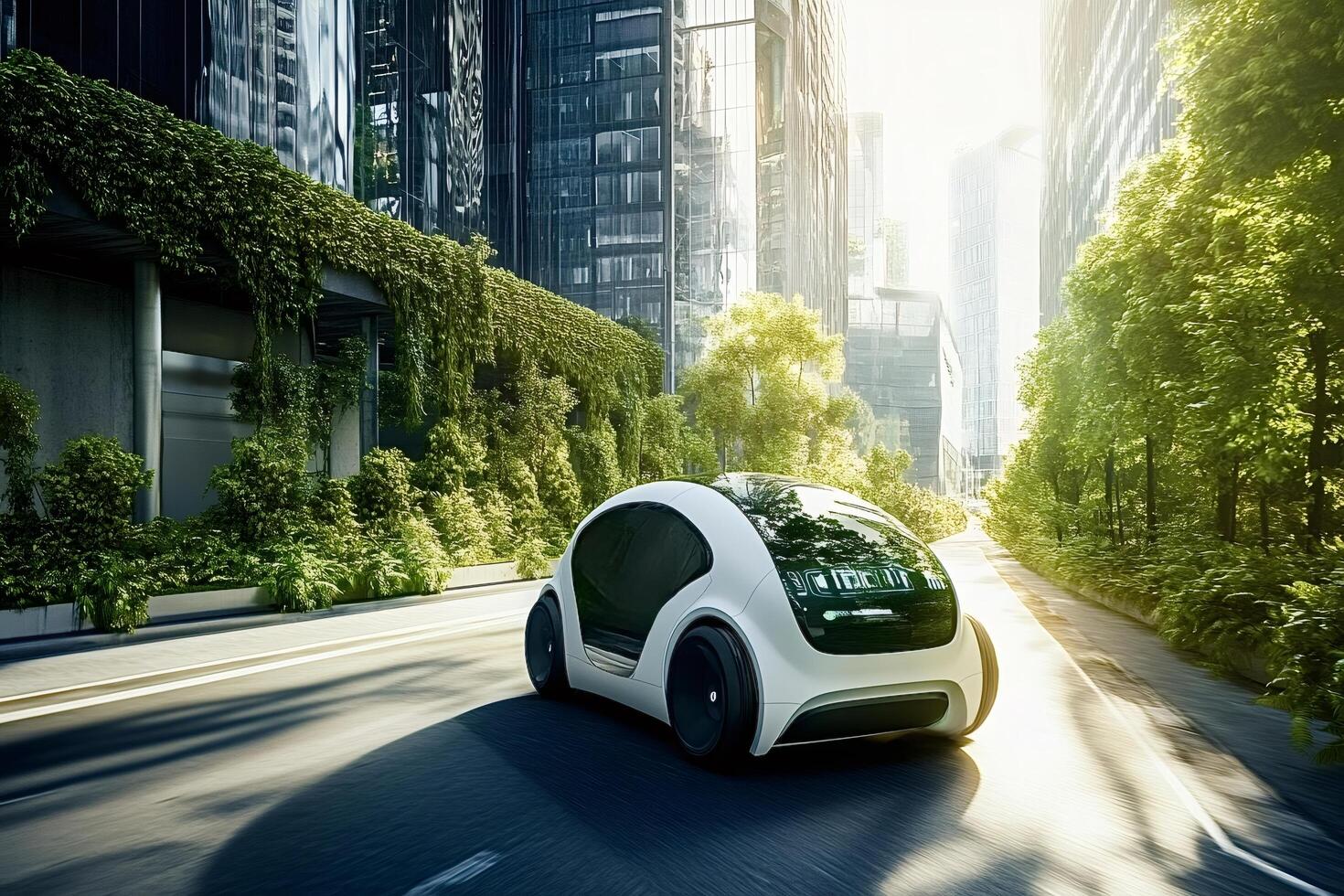 Autonomous electric car driving on a green city street surrounded by lush vegeta photo