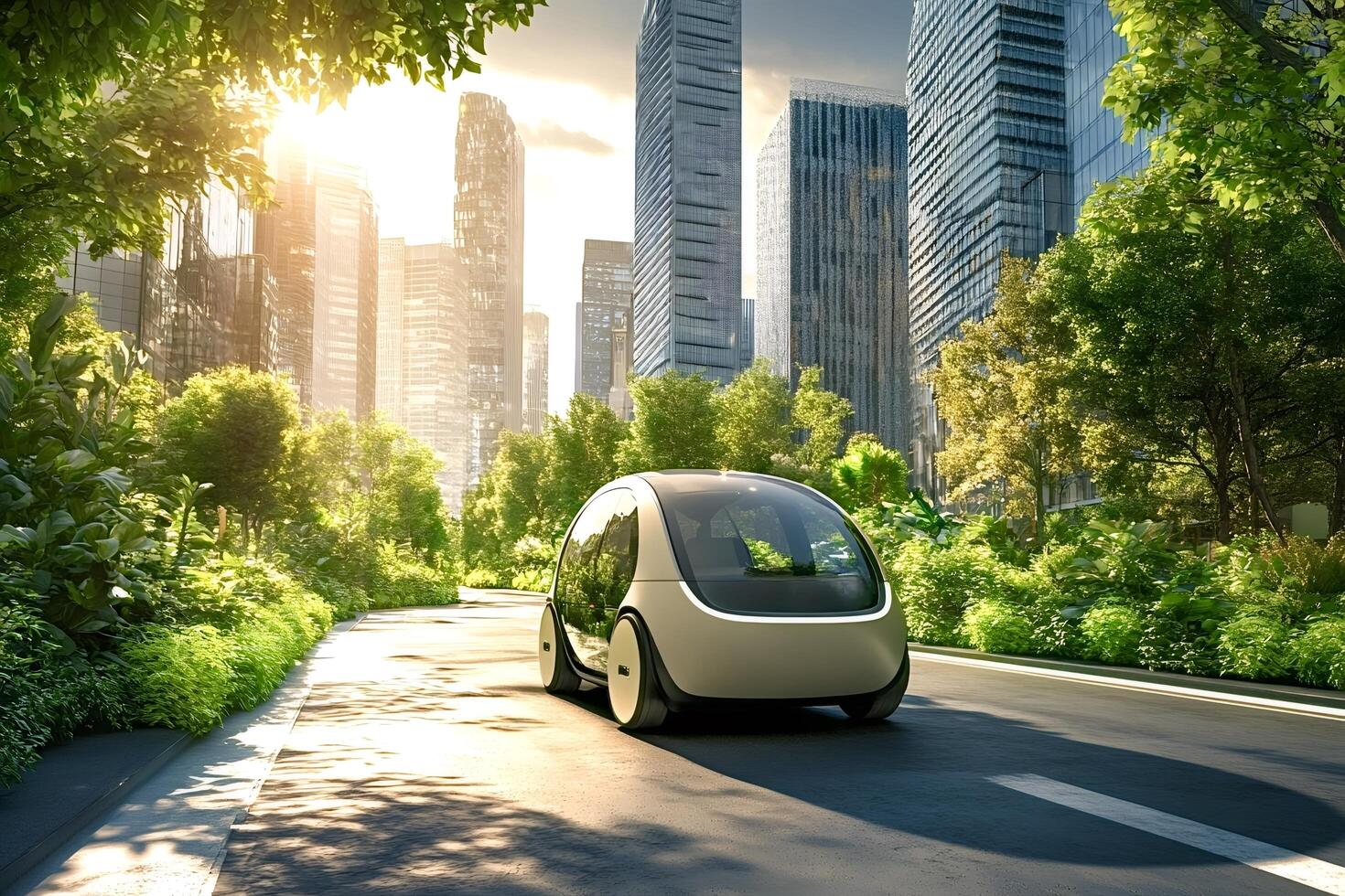 Autonomous electric car driving on a green city street at sunset photo