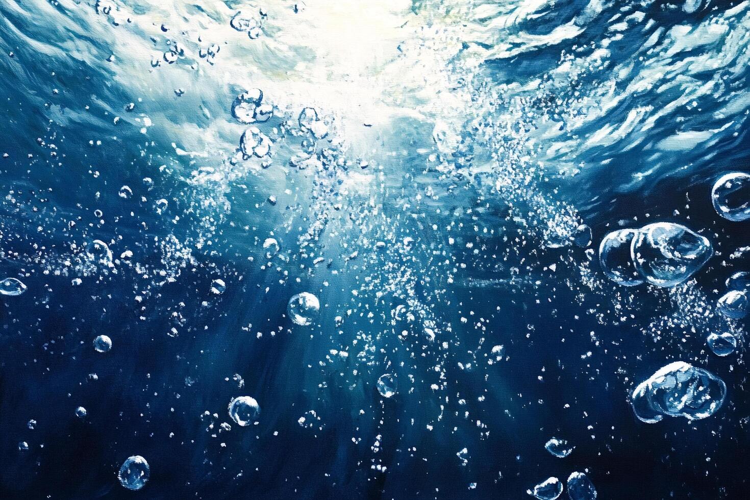 Underwater sunlight filtering through bubbles rising to surface photo