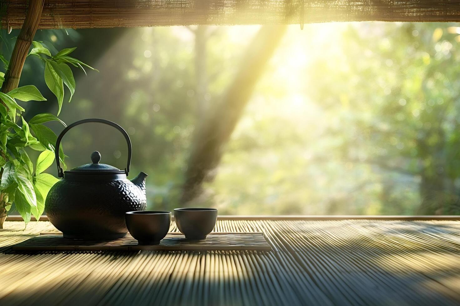 Traditional japanese tea ceremony set enjoying morning sunlight photo