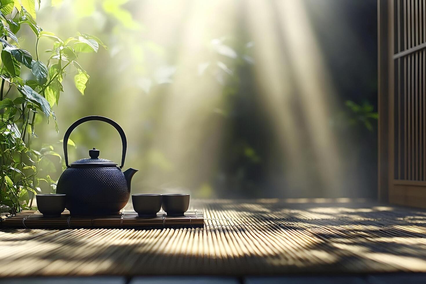 Steaming teapot and cups resting on bamboo mat in sunlit garden photo