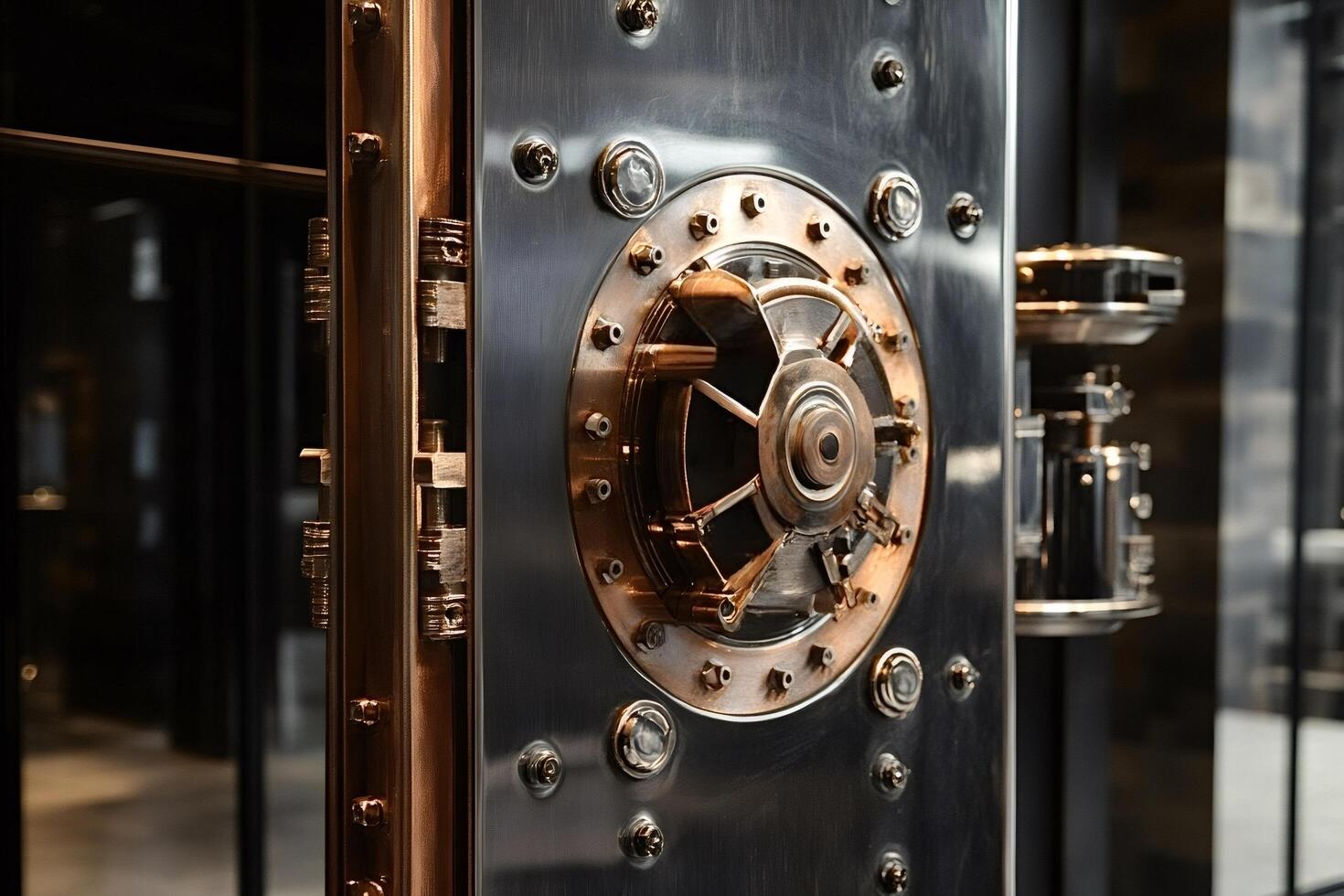 Close-up of intricate locking mechanism on heavy steel vault door photo