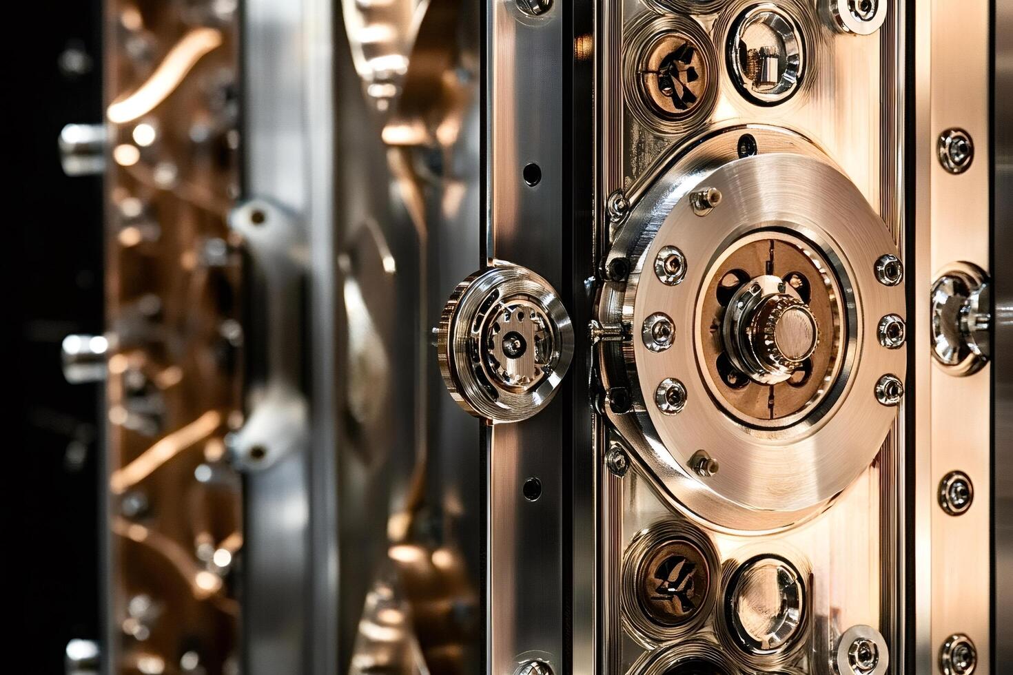 Complex industrial machine with shiny metal gears rotating smoothly photo