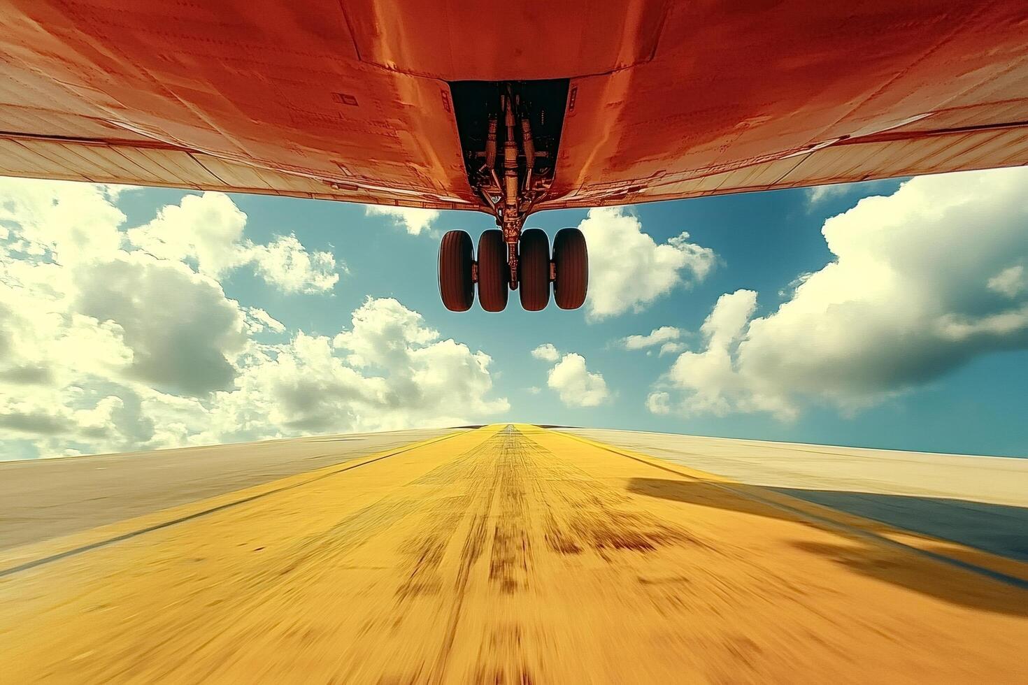 Large airplane landing on runway under blue sky photo