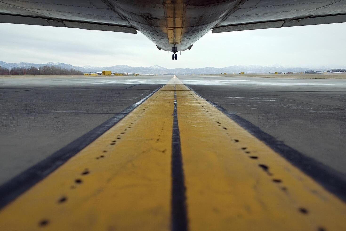 Airplane is landing on airstrip with runway centerline on focus photo