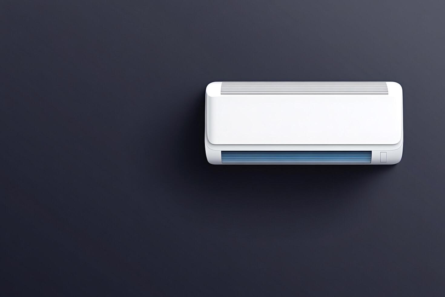 White air conditioner hanging on a dark wall blowing cool air photo