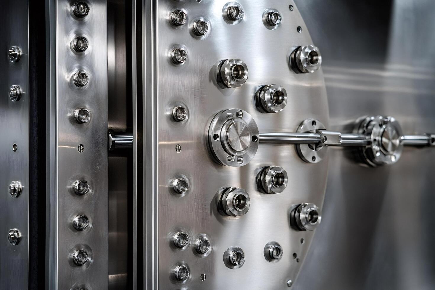 Close-up of intricate locking mechanism on a vault door, emphasizing security photo