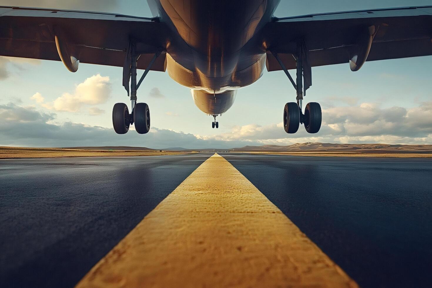 Passenger airplane landing on airstrip at sunset photo
