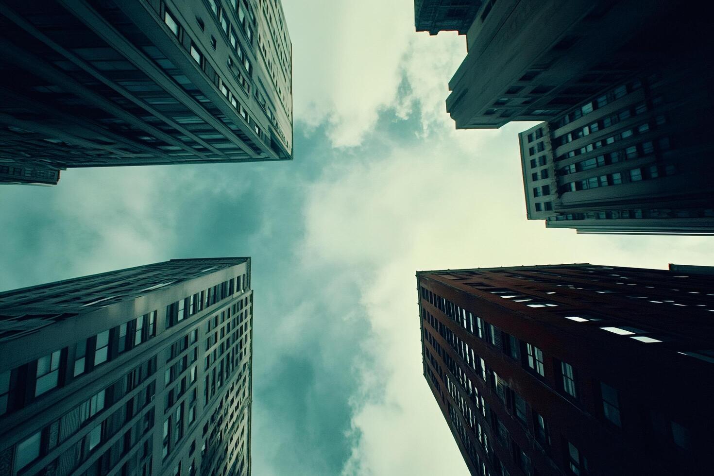 Skyscrapers rising to the cloudy sky in urban environment photo