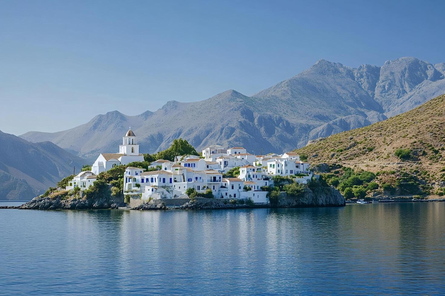 Picturesque white village of loutro on crete island reflecting in the aegean sea photo