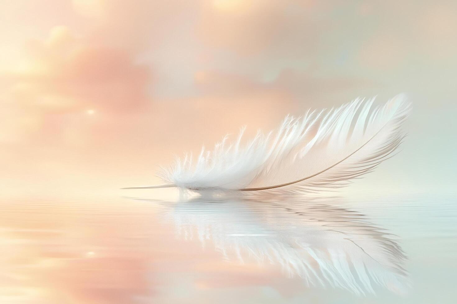 Single white feather floating on water with dreamy pastel sky photo