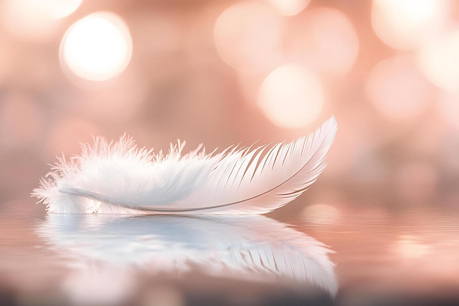 Single white feather resting on water with soft bokeh background photo