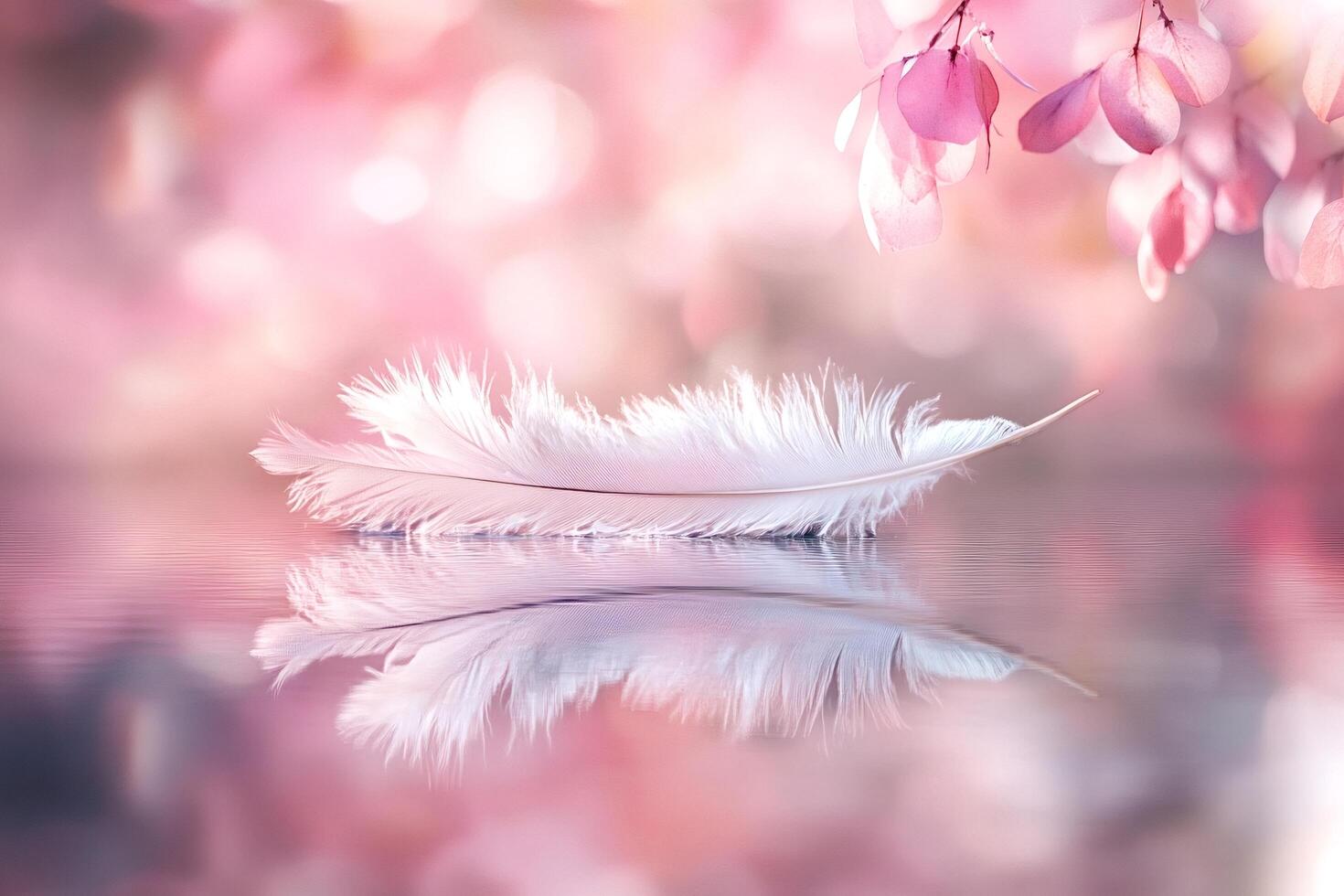 White feather floating on water with pink bokeh background photo