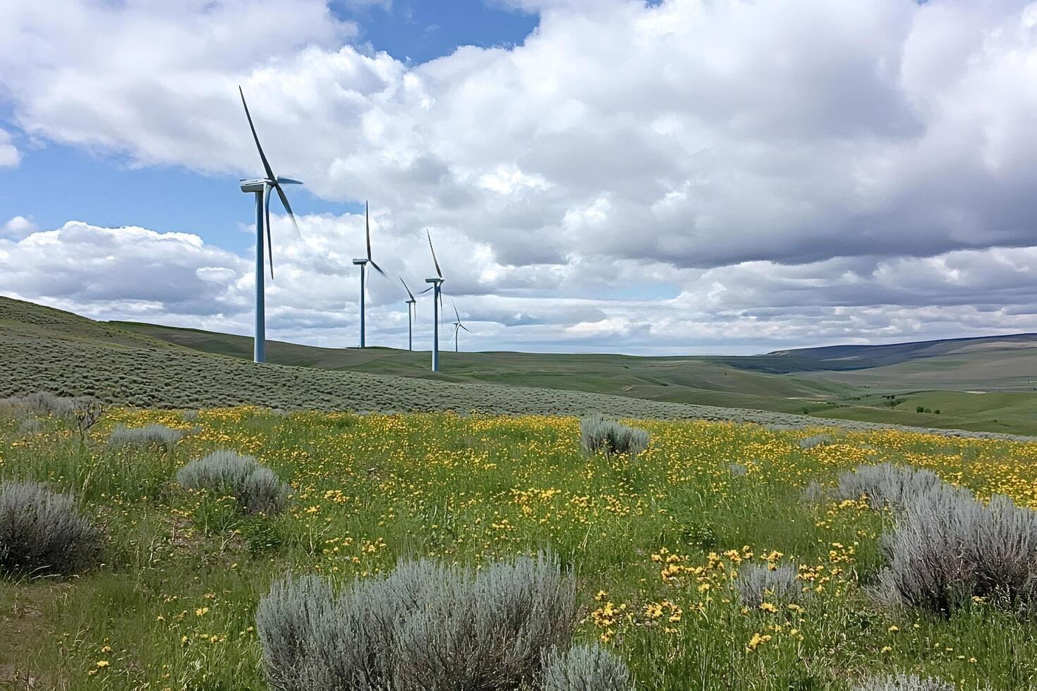 Wind turbines generating clean energy in a blooming field under cloudy sky photo
