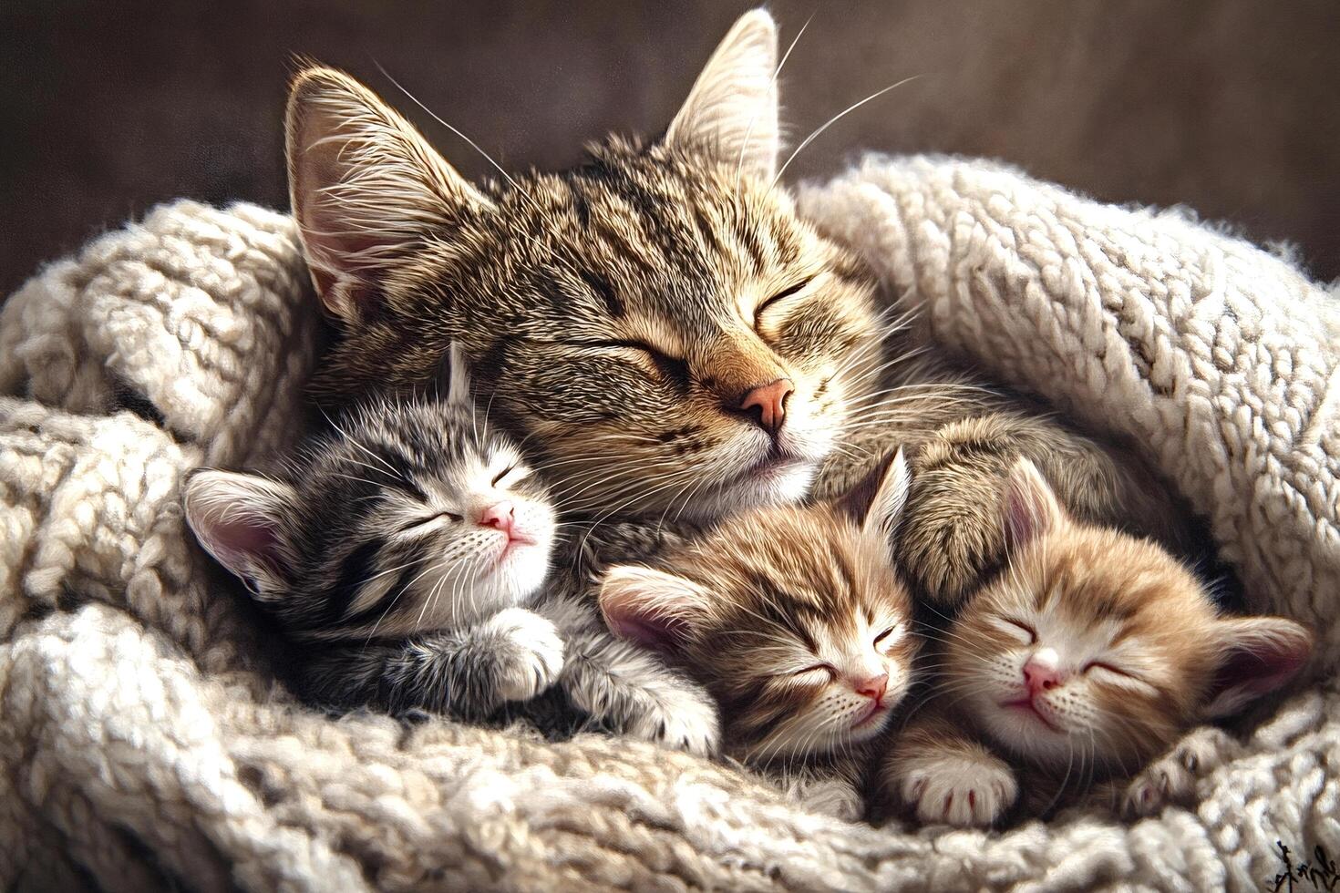 Mother cat sleeping with kittens in soft blanket photo