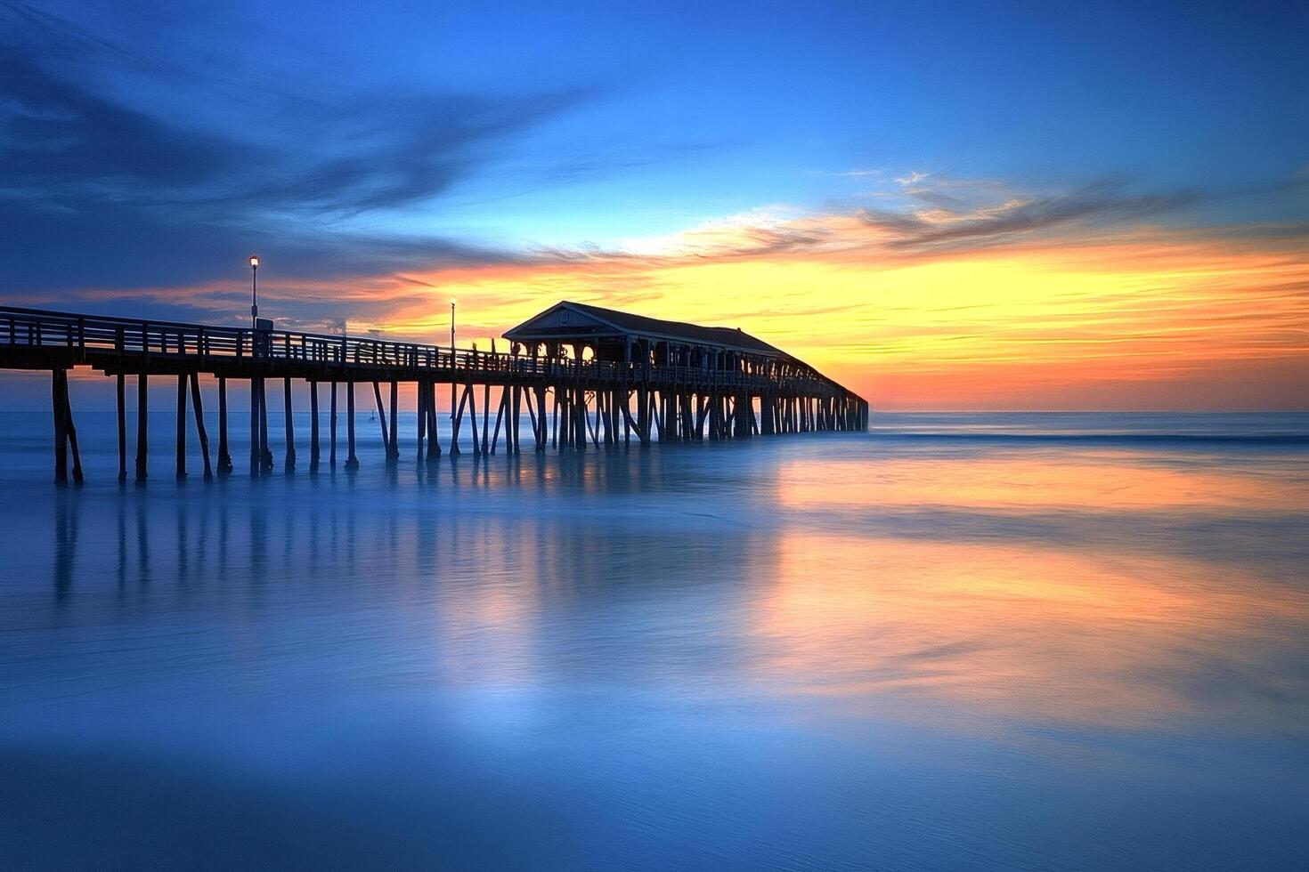 Wooden pier stretching into tranquil ocean at sunrise photo