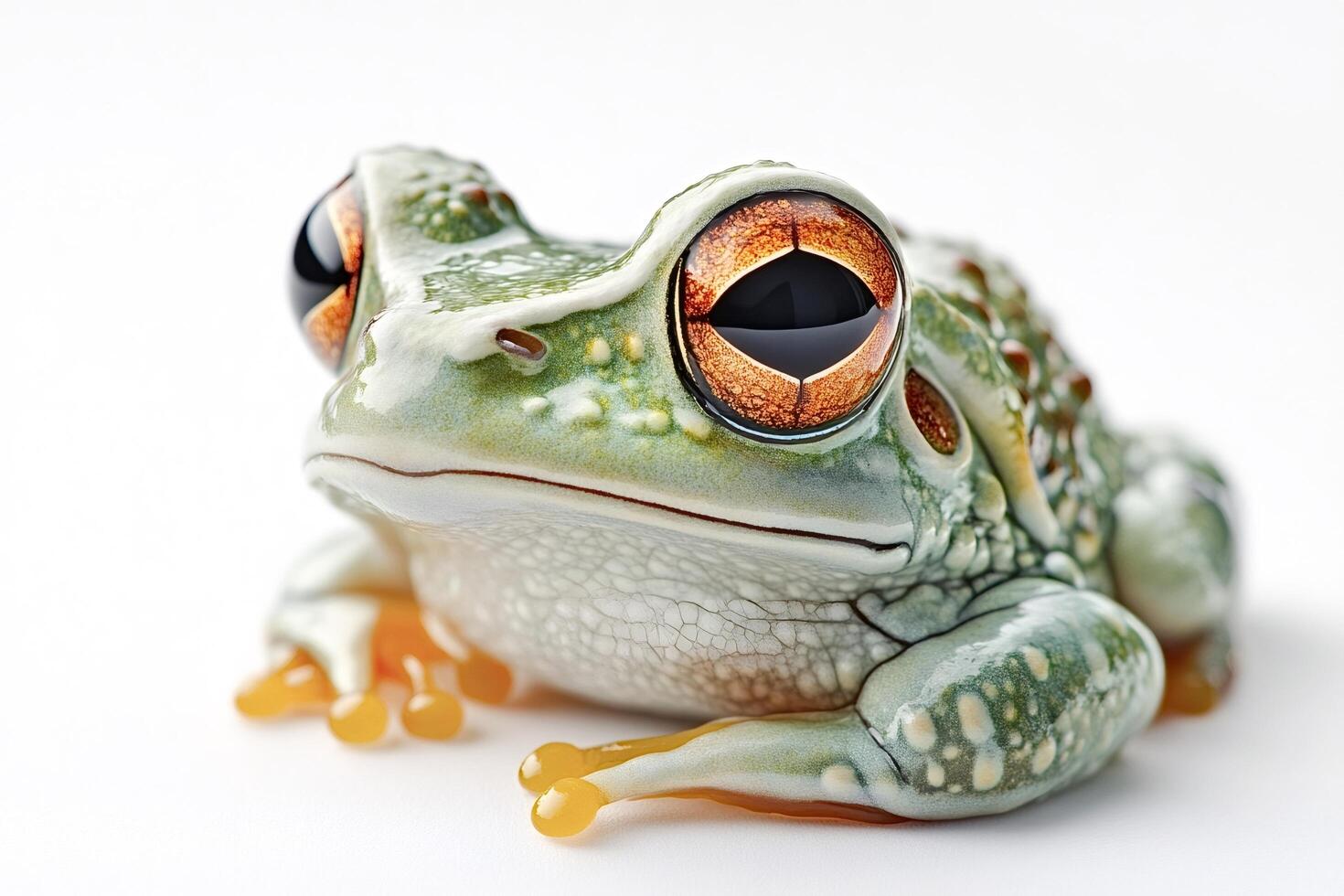 Green frog resting on white background showing orange toes and eyes photo