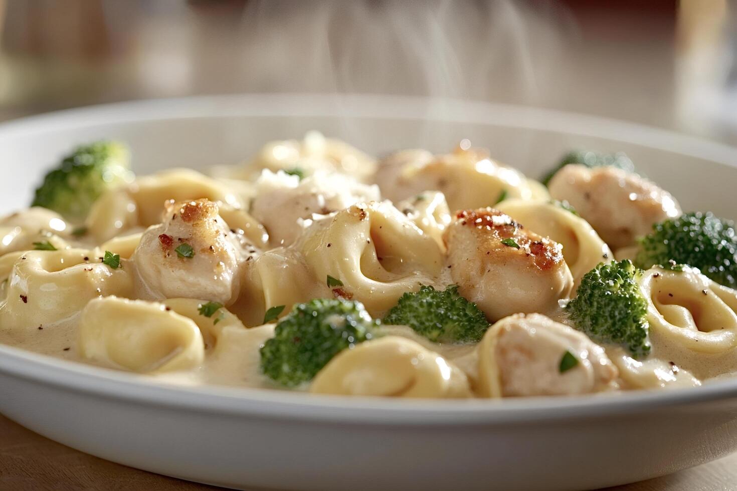 Steaming hot chicken and broccoli tortellini in creamy sauce photo