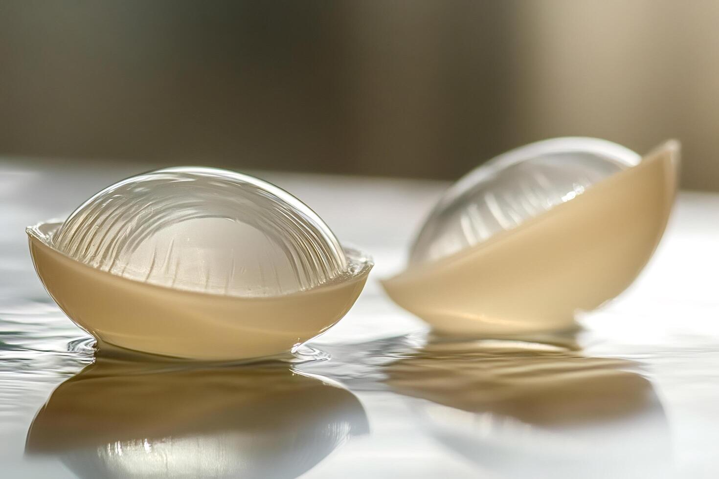 Two silicone breast implants floating on water surface photo