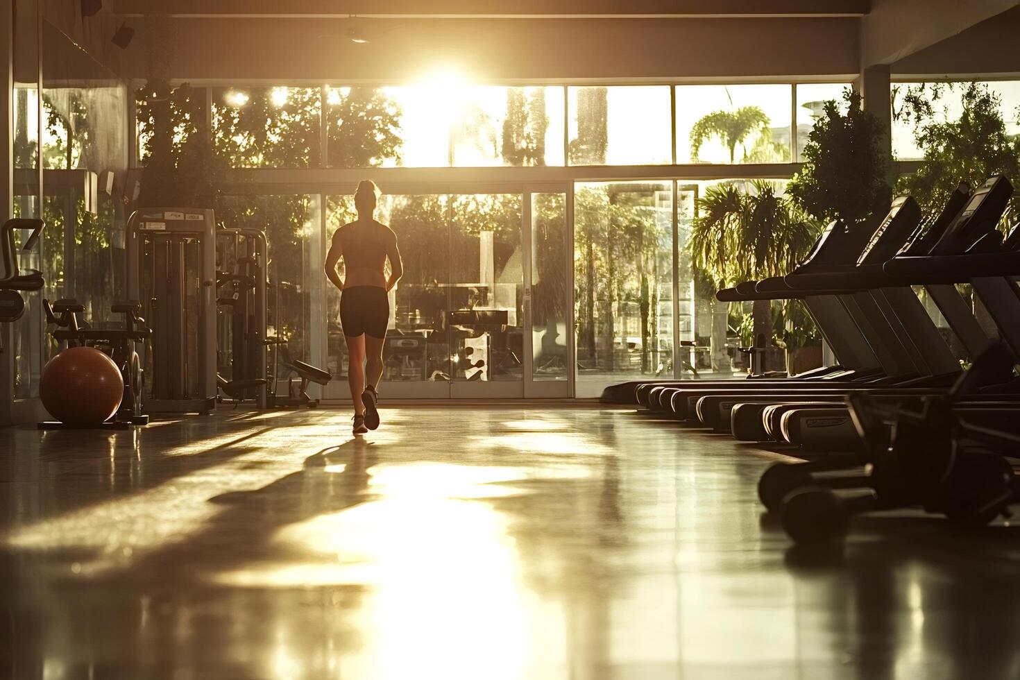 Athlete walking in gym at sunrise starting workout photo