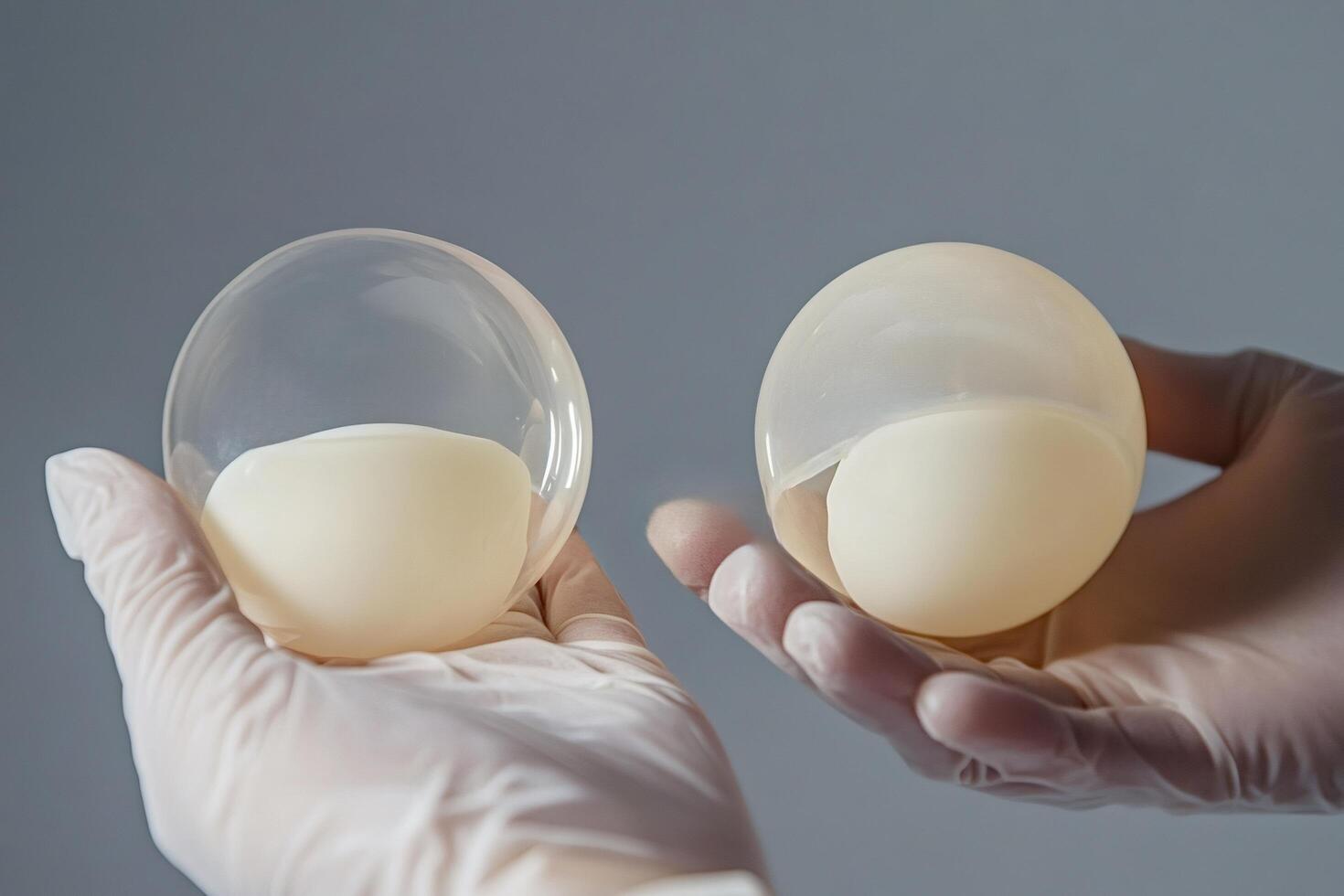 Scientist comparing two samples of spherical material in laboratory photo