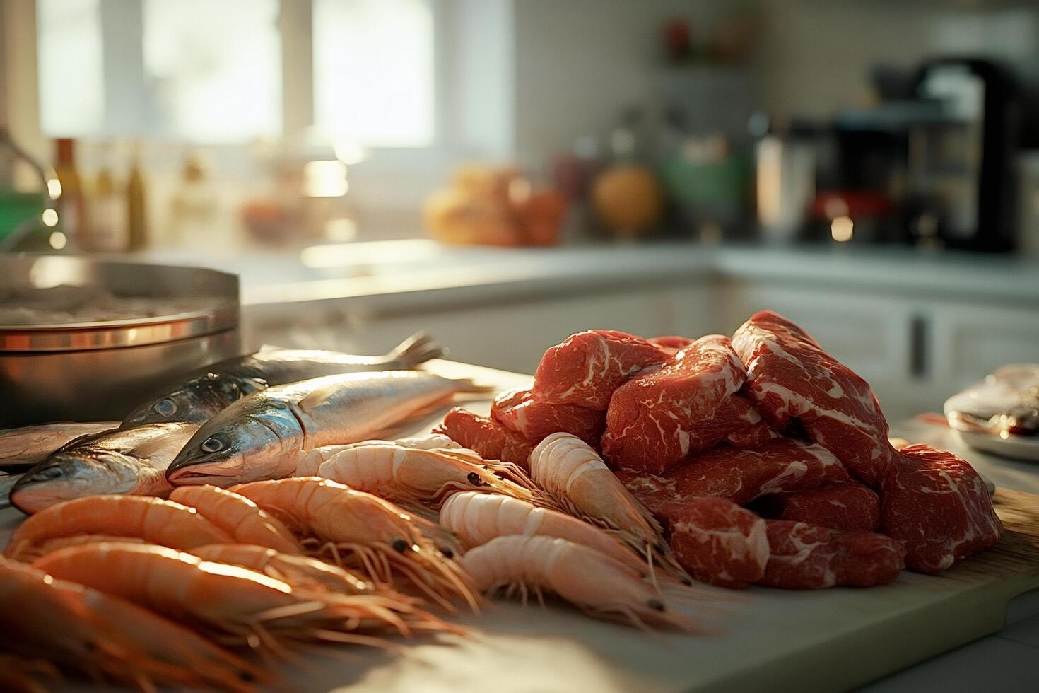Fresh fish, shrimp, and beef preparing for delicious meal photo