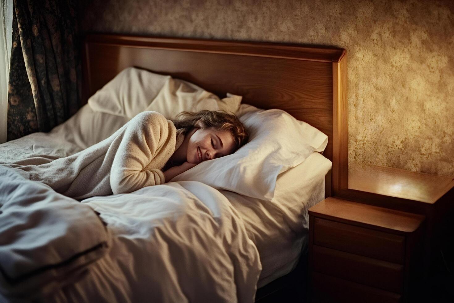 Young woman sleeping peacefully in comfortable bed at home photo