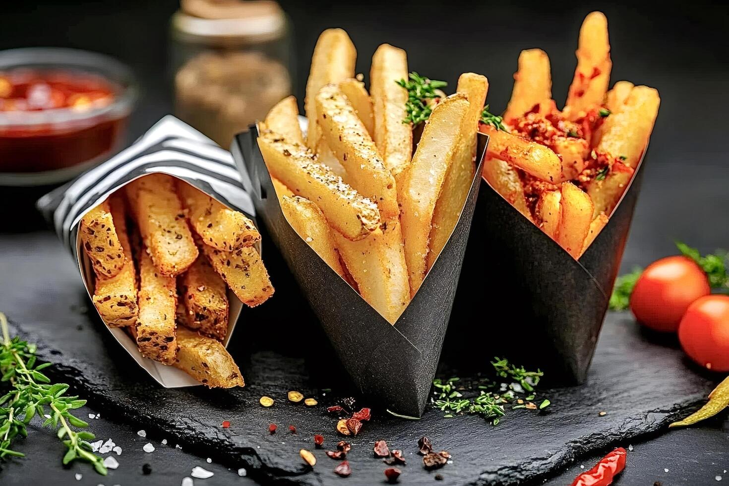 French fries with different seasonings served in paper cones on black stone photo
