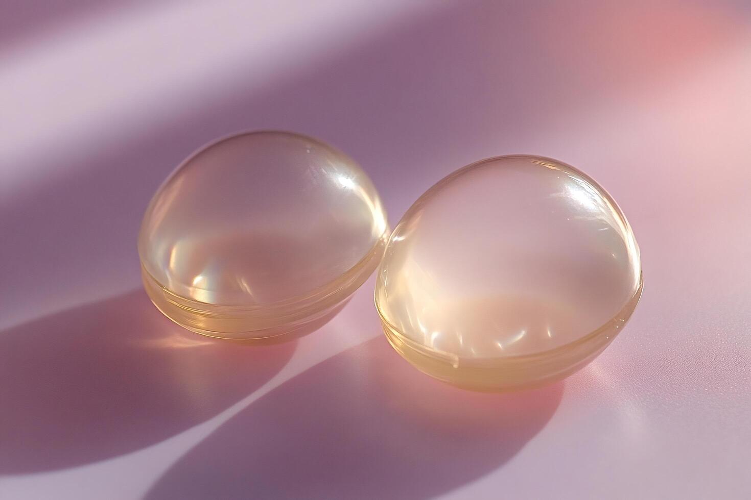 Two translucent spheres resting on pink surface, casting shadows photo
