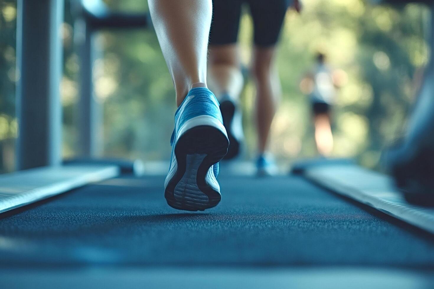 Athlete running on treadmill in fitness center close-up of shoes photo