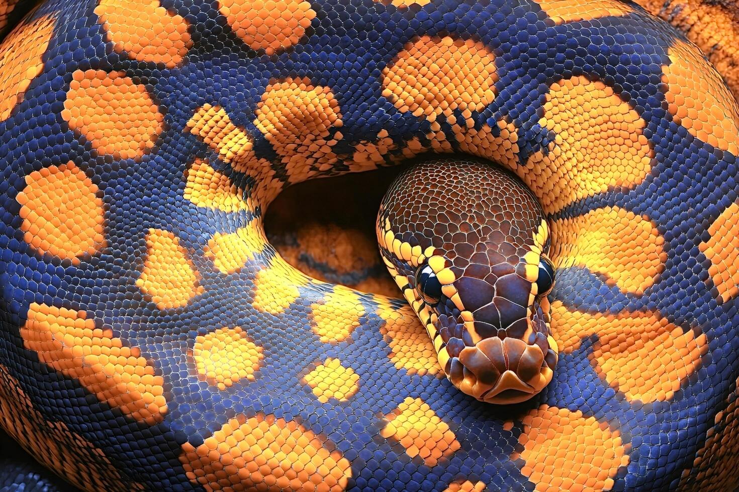 Coiled python showcasing vibrant scales and intense gaze photo