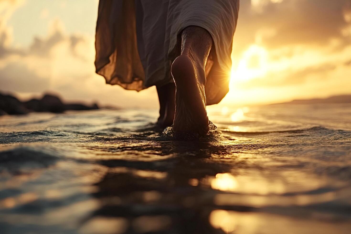 Prophet walking on water at golden sunset, following spiritual path photo