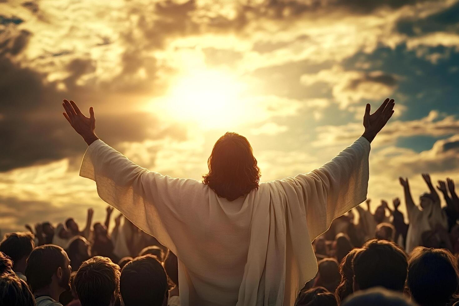 Jesus christ blessing crowd with open arms under majestic sky photo