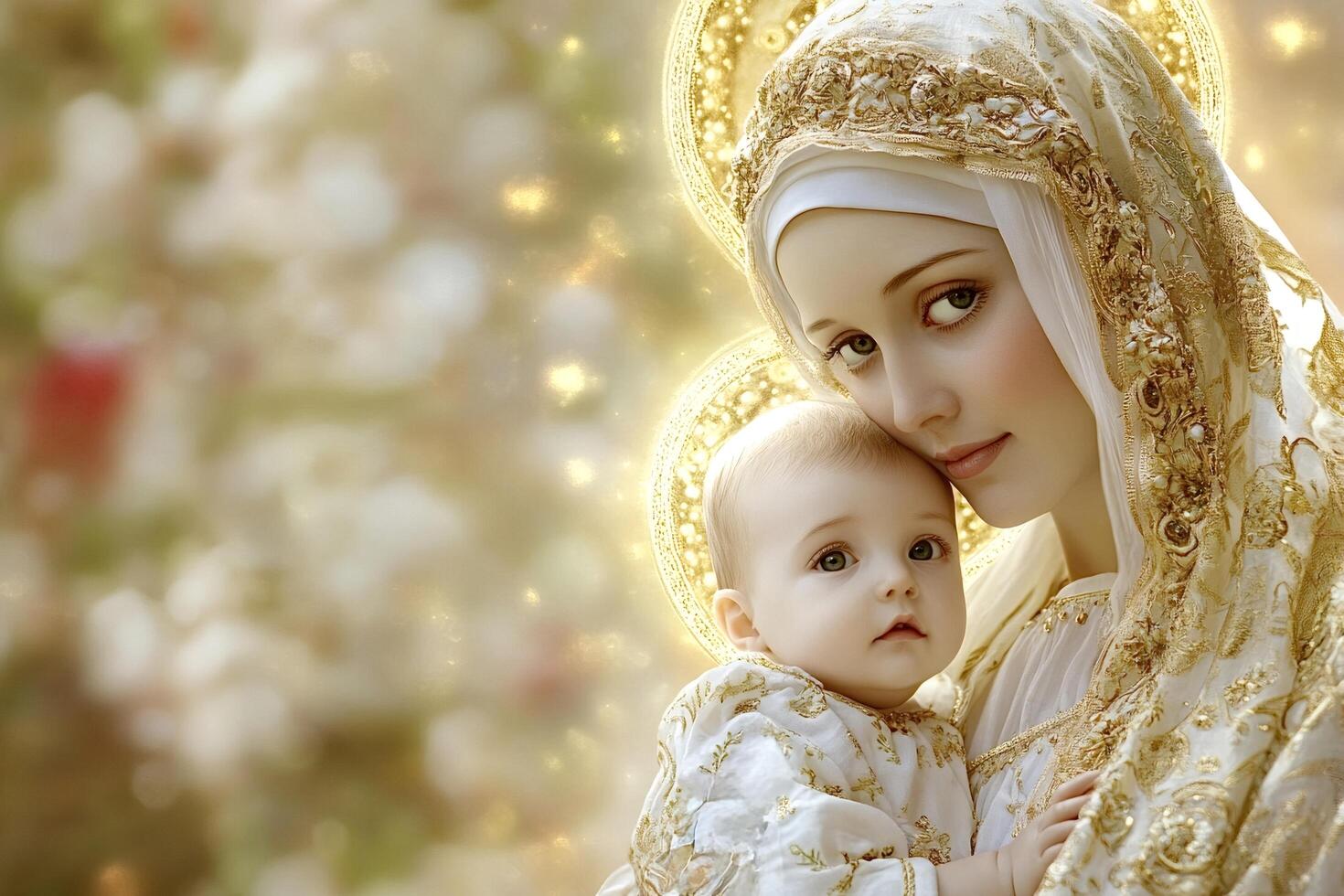 Madonna and child embracing with golden halo and bokeh lights photo