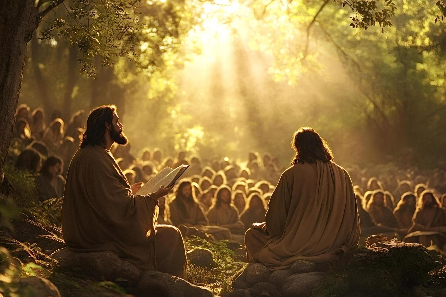 Jesus christ listening to apostle reading scriptures in forest with disciples photo