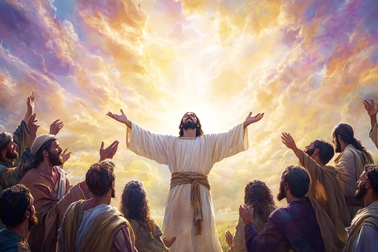Jesus christ blessing disciples with open arms under cloudy sky photo