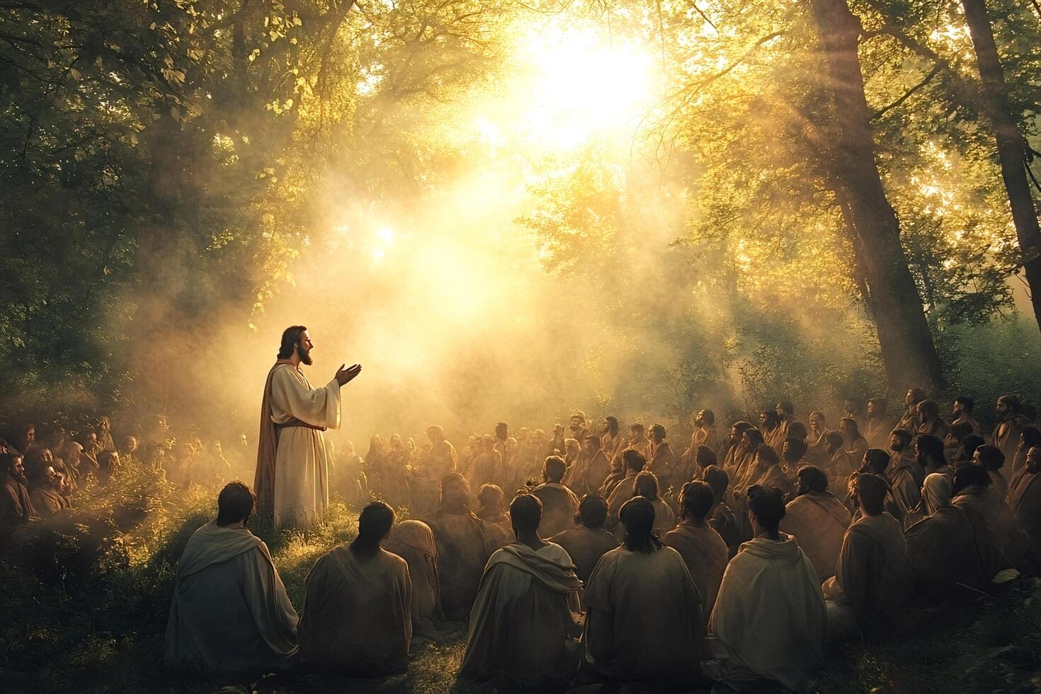 Jesus christ preaching to disciples in forest with sunlight photo